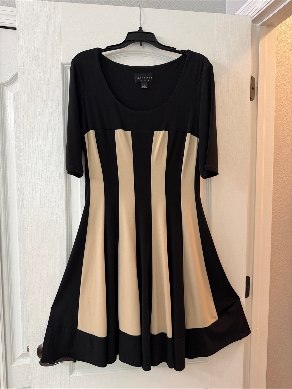 Avenue Black and Cream Vertical-Panel Fit & Flare Tunic Dress